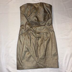 Jessica McClintock Strapless Metallic Gold Draped Ruched Waist Cocktail Dress